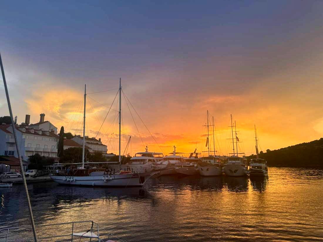 Sunset in the harbour, the whole fleet tied up for the night